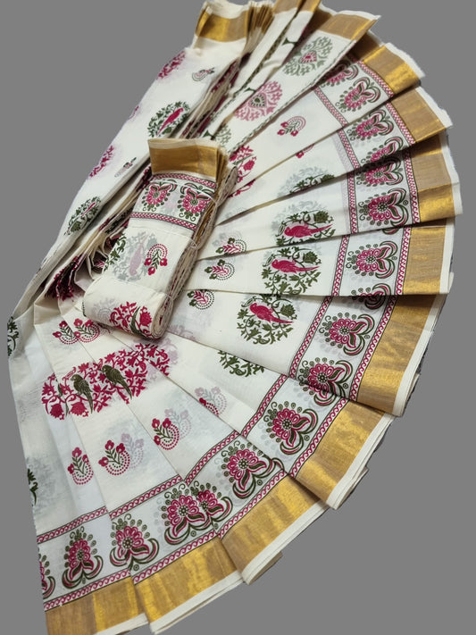 Printed Kerala Saree Pure Cotton Sarees Buy from USA  –  Buy Onam Saree Online | Bird Print Onam Sareee