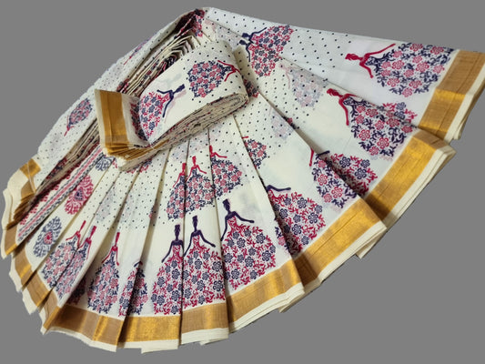 Printed Kerala Saree Pure Cotton Sarees Buy from USA  –  Buy Onam Saree Online Bindi Floral Dress Saree