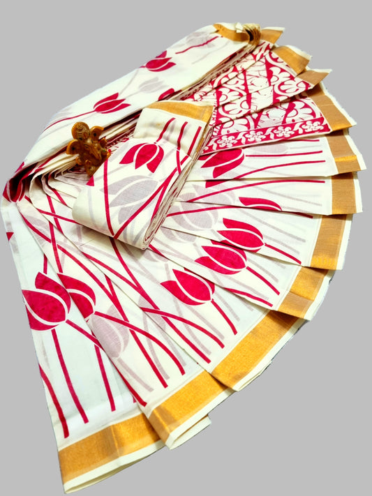 Traditional Indian Saree USA | Pure Cotton Sarees Buy from USA  – Pure cotton saree with blouse | Lotus Print Saree