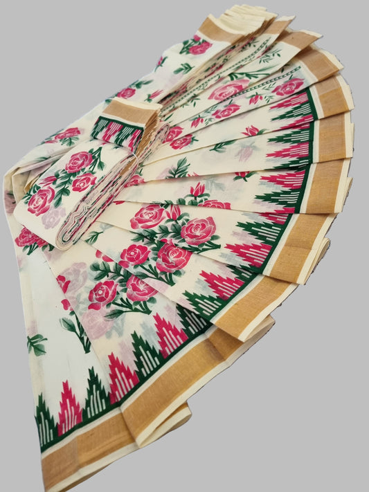 Traditional Indian Saree USA | Pure Cotton Sarees Buy from USA  –  Buy Onam Saree Online | Rose Print Saree
