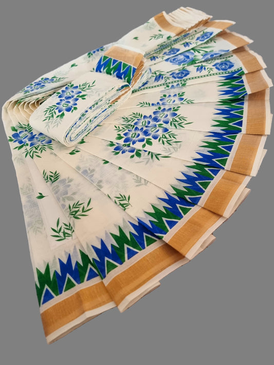 Cream Kerala Saree | Pure Cotton Sarees Buy from USA  –  Buy Onam Saree Online | Blue Leaf Print Saree