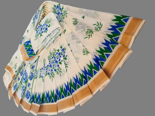 Cream Kerala Saree | Pure Cotton Sarees Buy from USA  –  Buy Onam Saree Online | Blue Leaf Print Saree