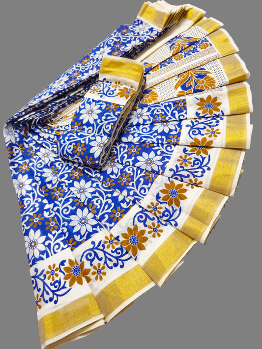 Printed Kerala saree USA| Pure Cotton Sarees Buy from USA  –  Buy Onam Saree Online | Blue Floral Print Saree