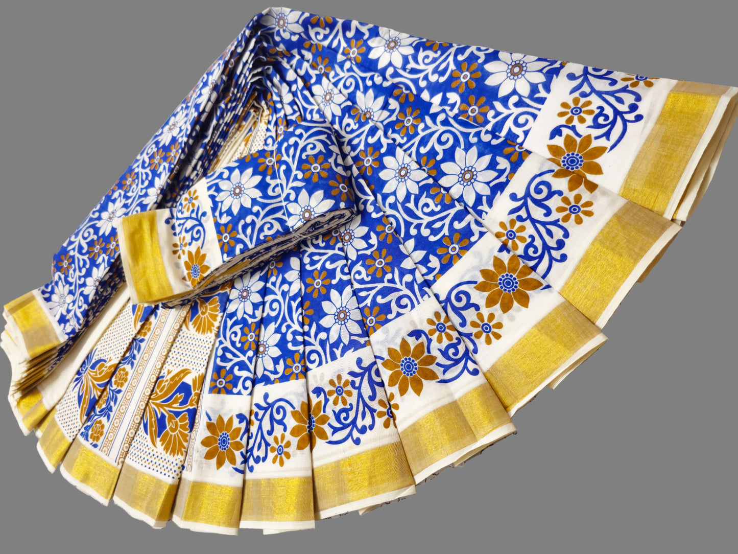 Printed Kerala saree USA| Pure Cotton Sarees Buy from USA  –  Buy Onam Saree Online | Blue Floral Print Saree
