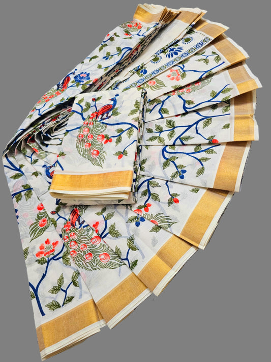 Printed Kerala Saree Pure Cotton Sarees Buy from USA  –  Sarees for Onam Kavini Saree - Peacock Printed Saree