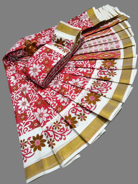 Printed Kerala Saree Pure Cotton Sarees Buy from USA  –  Buy Onam Saree online- Red Floral Print Cotton Saree