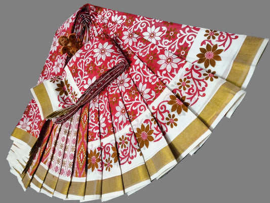 Printed Kerala Saree Pure Cotton Sarees Buy from USA  –  Buy Onam Saree online- Red Floral Print Cotton Saree