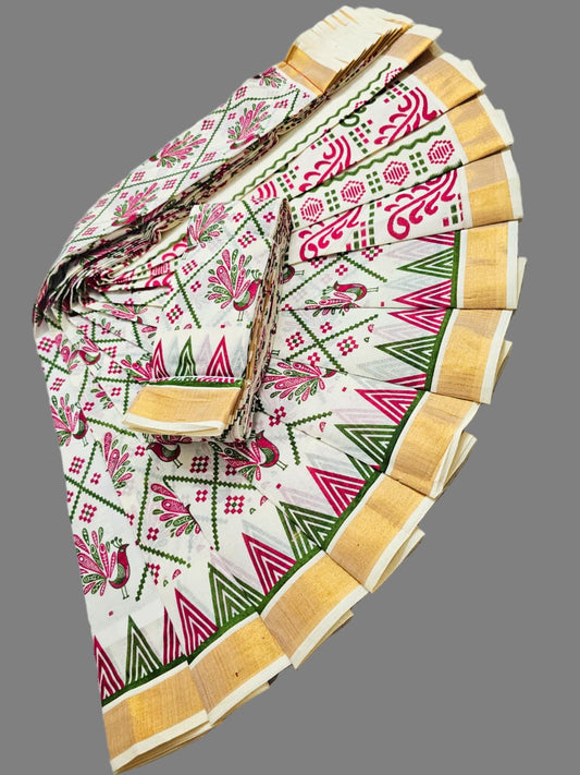 Printed Kerala Saree Pure Cotton Sarees Buy from USA  –  Buy Onam Saree online- Temple Design Cotton Saree