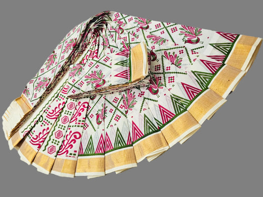 Printed Kerala Saree Pure Cotton Sarees Buy from USA  –  Buy Onam Saree online- Temple Design Cotton Saree