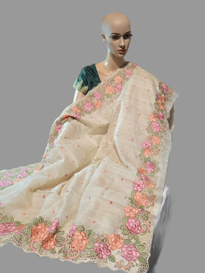 Kota Silk Saree with Embroidery and Cutwork Borders – Lightweight & Breathable