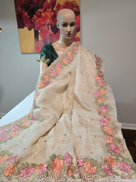 Kota Silk Saree with Embroidery and Cutwork Borders – Lightweight & Breathable
