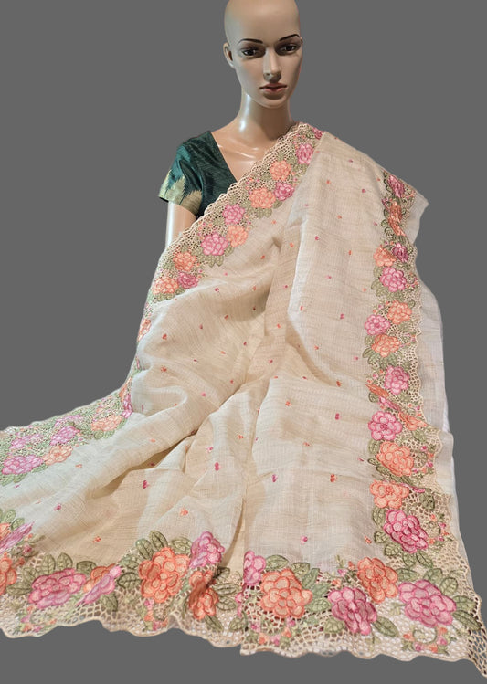 Kota Silk Saree with Embroidery and Cutwork Borders – Lightweight & Breathable