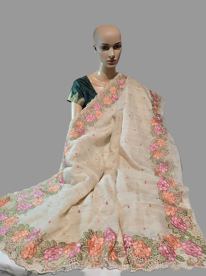Kota Silk Saree with Embroidery and Cutwork Borders – Lightweight & Breathable