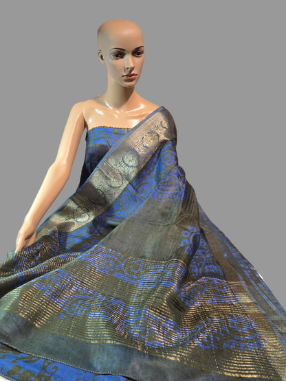 Greyish Green and Blue Semi Kanjivaram Silk Saree with Allover Batik Prints & Kanjivaram Style Border | Elegant Soft Silk Saree for Special Occasions
