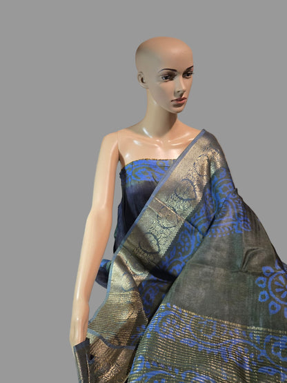 Greyish Green and Blue Semi Kanjivaram Silk Saree with Allover Batik Prints & Kanjivaram Style Border | Elegant Soft Silk Saree for Special Occasions