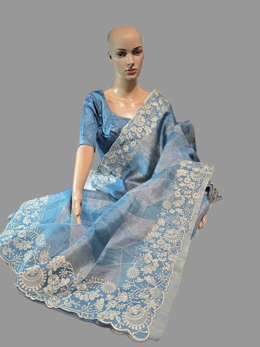 Soft Silk Semi Tussar fully stitched saree pastel blue with stitched blouse chikankari work border