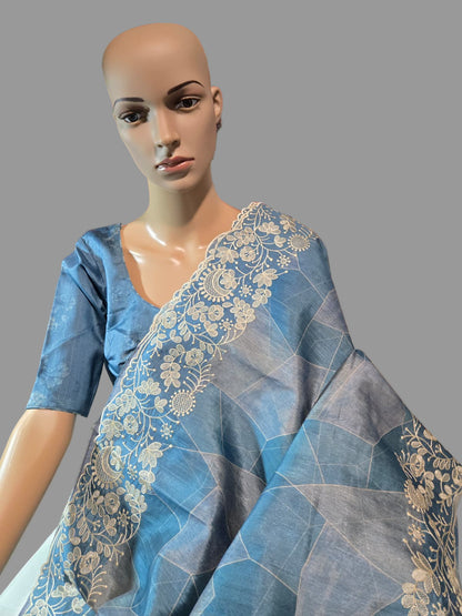 Soft Silk Semi Tussar fully stitched saree pastel blue with stitched blouse chikankari work border