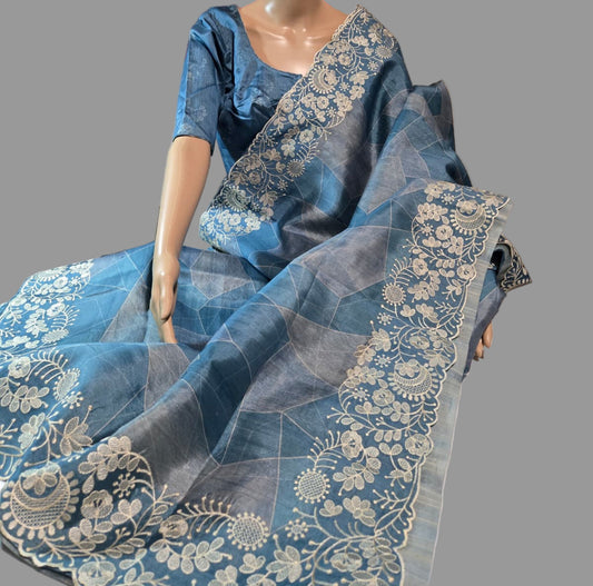 Soft Silk Semi Tussar fully stitched saree pastel blue with stitched blouse chikankari work border