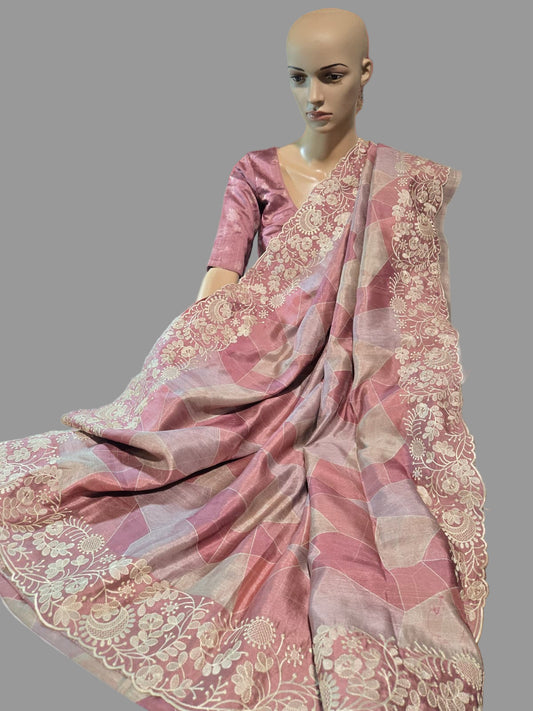 Pastel Peach Semi Tussar Silk Saree with Stitched Blouse Chikankari Embroidered Border – Elegant Ethnic Indian Saree