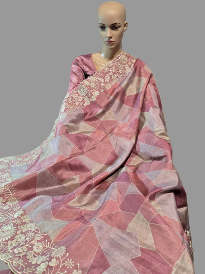 Pastel Peach Semi Tussar Silk Saree with Stitched Blouse Chikankari Embroidered Border – Elegant Ethnic Indian Saree