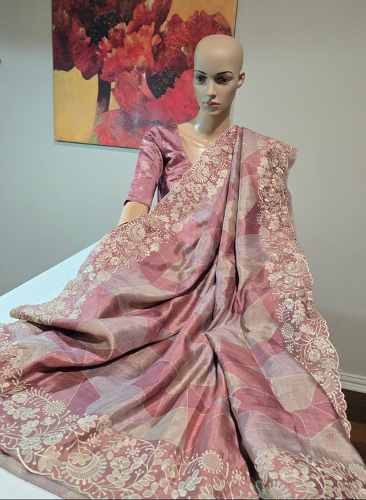 Pastel Peach Semi Tussar Silk Saree with Stitched Blouse Chikankari Embroidered Border – Elegant Ethnic Indian Saree