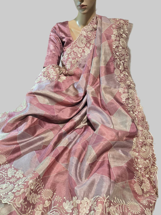 Pastel Peach Semi Tussar Silk Saree with Stitched Blouse Chikankari Embroidered Border – Elegant Ethnic Indian Saree