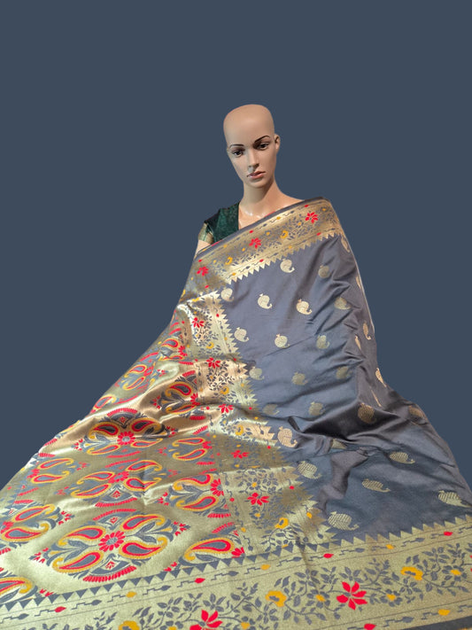 Buy Banaras Soft Katan Silk Saree with Resham Paithani Work – USA Store–  Wedding, Party Wear, Engagements, Festive Events Saree Grey