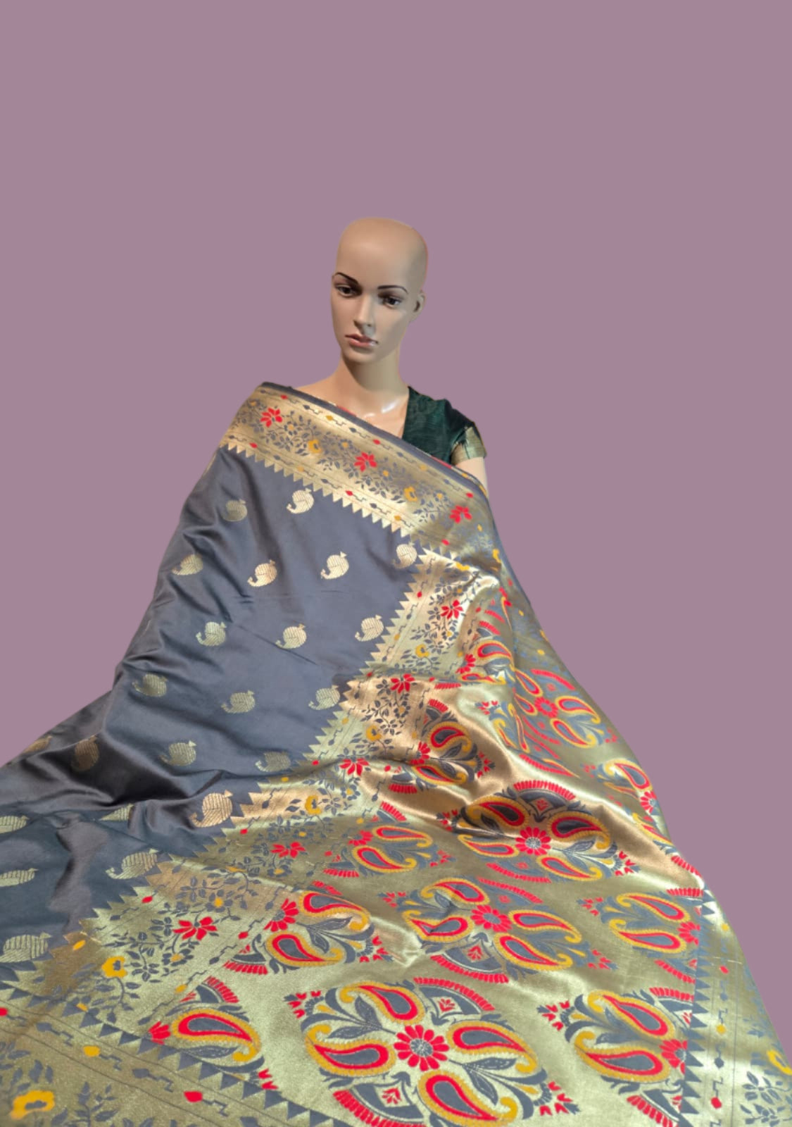 Buy Banaras Soft Katan Silk Saree with Resham Paithani Work – USA Store–  Wedding, Party Wear, Engagements, Festive Events Saree Grey