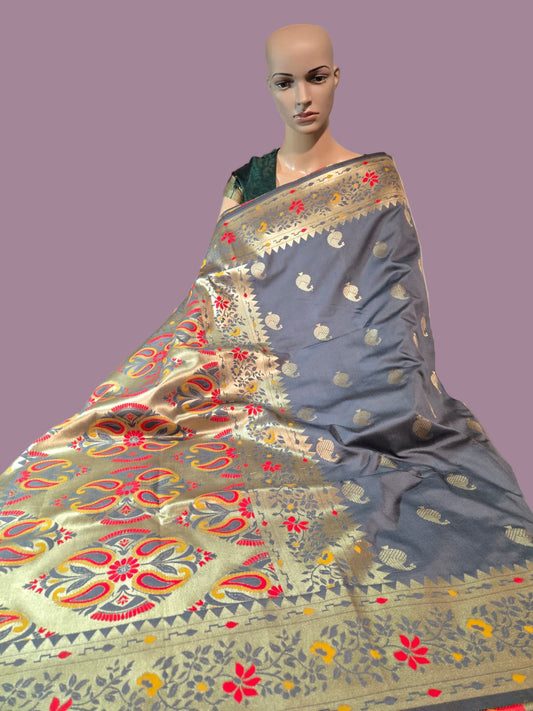 Buy Banaras Soft Katan Silk Saree with Resham Paithani Work – USA Store–  Wedding, Party Wear, Engagements, Festive Events Saree Grey