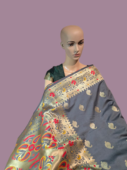 Buy Banaras Soft Katan Silk Saree with Resham Paithani Work – USA Store–  Wedding, Party Wear, Engagements, Festive Events Saree Grey