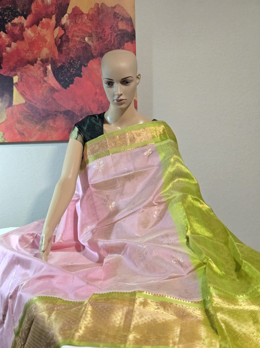 Pattu Handloom Saree in Pink with Green Contrast Border – Pure Silk Elegance for Festive Wear
