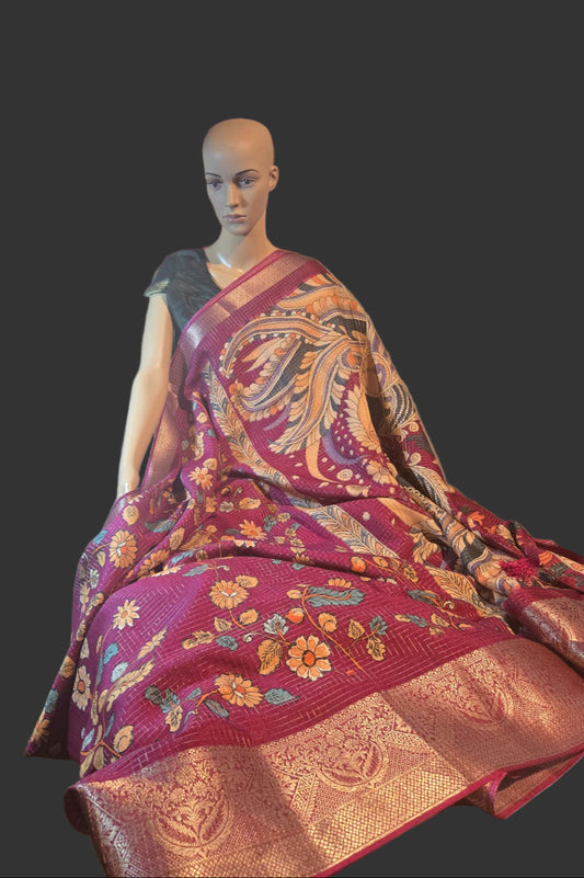 Semi Tussar Silk Saree with Zari Checked Pattern, Kalamkari Prints & Woven Zari Border –dark magenta