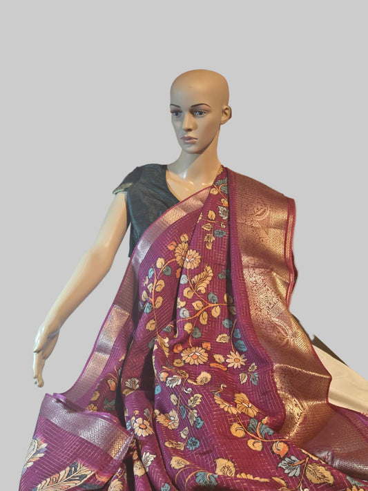 Semi Tussar Silk Saree with Zari Checked Pattern, Kalamkari Prints & Woven Zari Border –dark magenta
