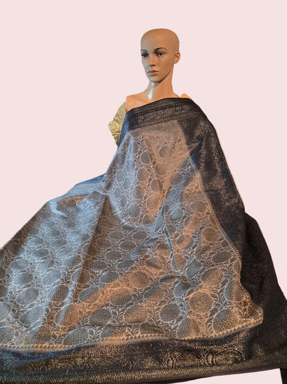 Black Embrodery Design Banarasi Border Light Grey Soft Georgette Banarasi Saree