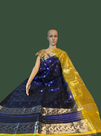 Pure Silk Handloom Saree in Blue with Silver Zari and Yellow Contrast Border – Traditional Elegance