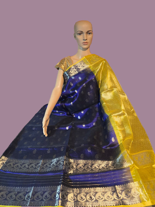 Pure Silk Handloom Saree in Blue with Silver Zari and Yellow Contrast Border – Traditional Elegance