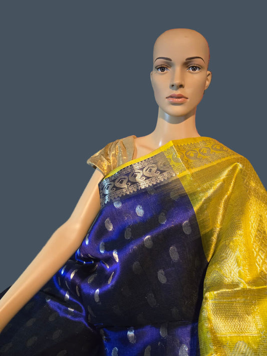 Pure Silk Handloom Saree in Blue with Silver Zari and Yellow Contrast Border – Traditional Elegance