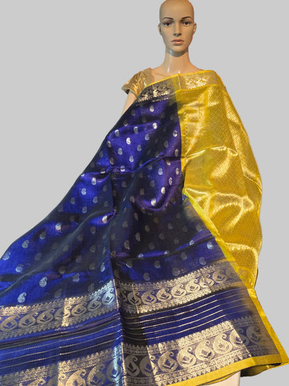 Pure Silk Handloom Saree in Blue with Silver Zari and Yellow Contrast Border – Traditional Elegance