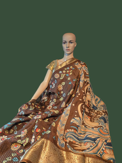 Semi Tussar Silk Saree with Zari Checked Pattern, Kalamkari Prints & Woven Zari Border –  Brown