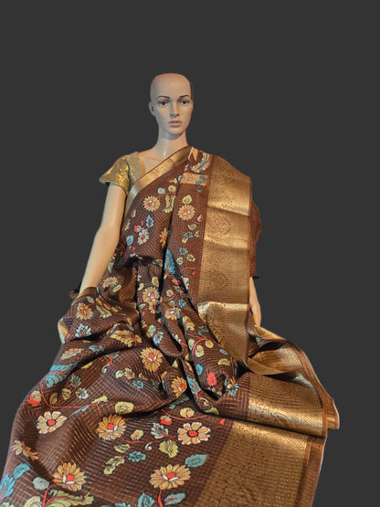 Semi Tussar Silk Saree with Zari Checked Pattern, Kalamkari Prints & Woven Zari Border –  Brown