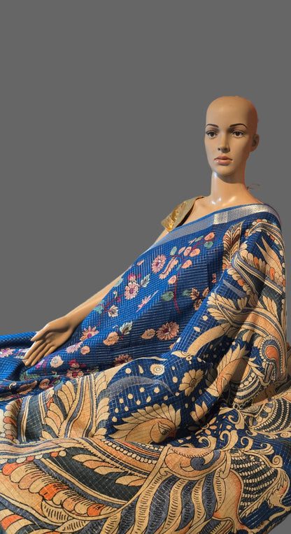 Elegant Semi Tussar Silk Saree with Zari Checks, Kalamkari Print & Woven Border – Blue Saree