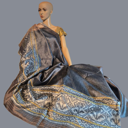 Art Silk Cotton Saree Cotton Saree Fancy Saree Ikkat Print Thread work Saree Grey Color