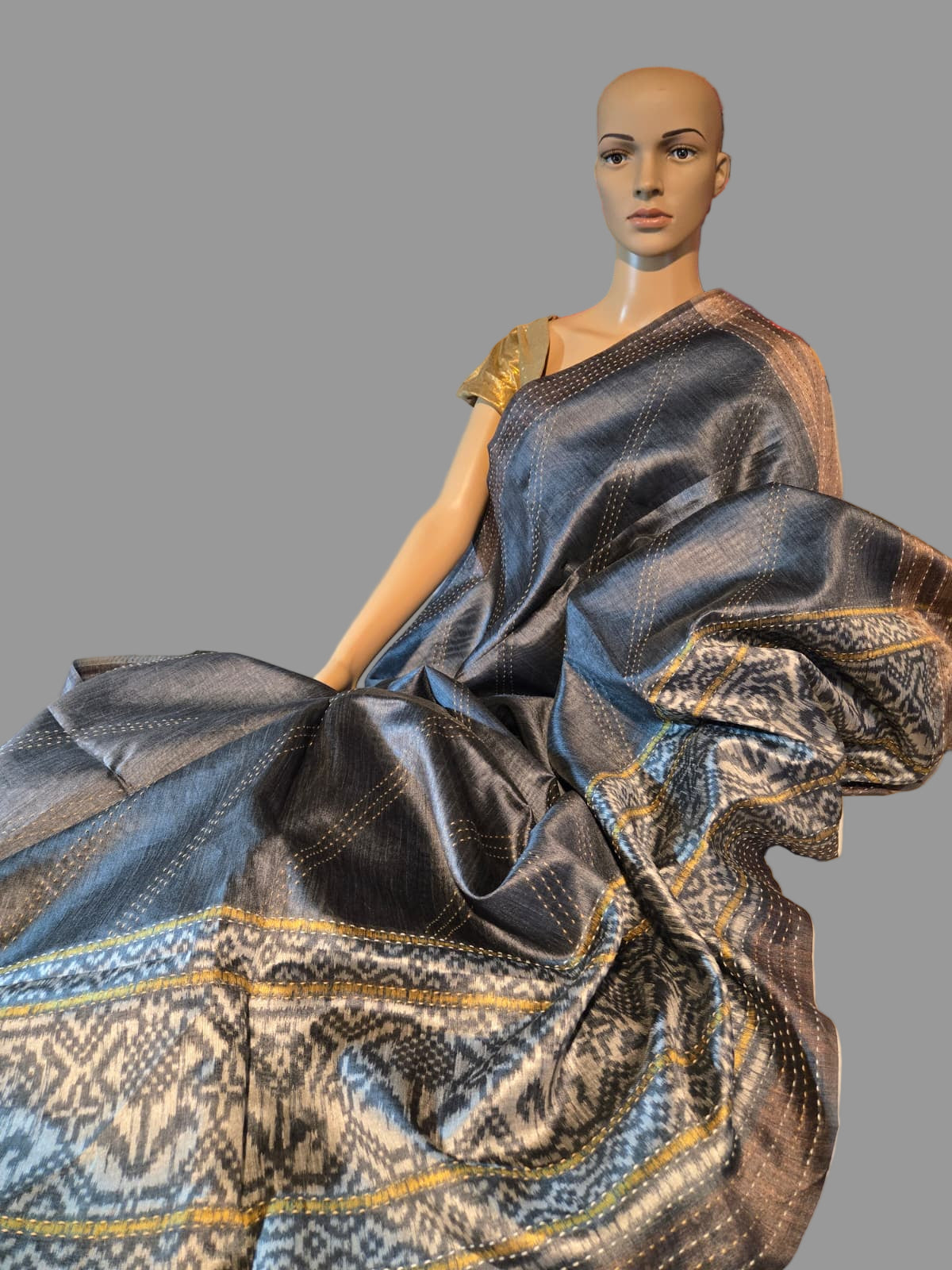 Art Silk Cotton Saree Cotton Saree Fancy Saree Ikkat Print Thread work Saree Grey Color