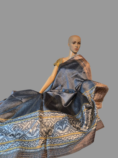Art Silk Cotton Saree Cotton Saree Fancy Saree Ikkat Print Thread work Saree Grey Color