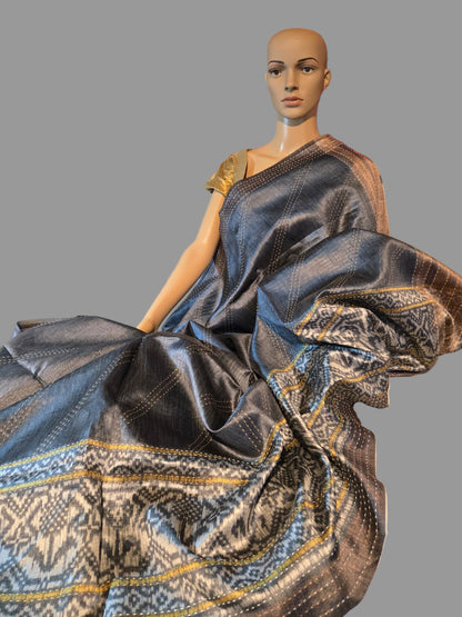 Art Silk Cotton Saree Cotton Saree Fancy Saree Ikkat Print Thread work Saree Grey Color