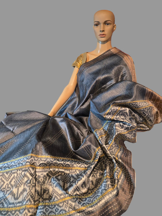 Art Silk Cotton Saree Cotton Saree Fancy Saree Ikkat Print Thread work Saree Grey Color