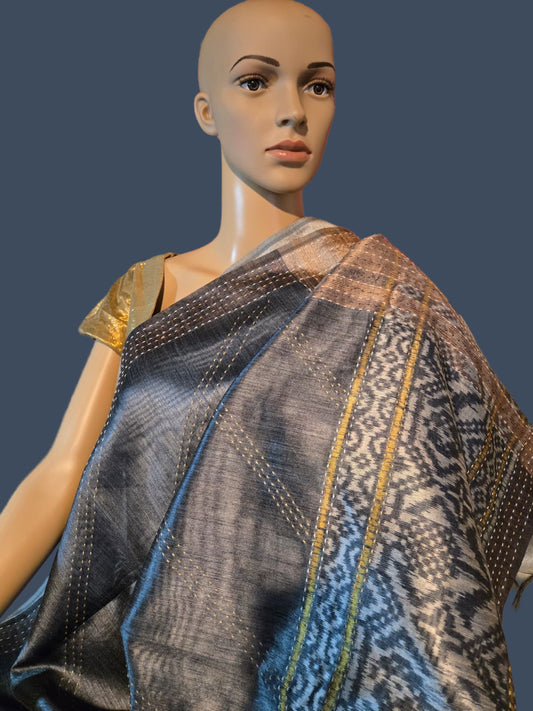 Art Silk Cotton Saree Cotton Saree Fancy Saree Ikkat Print Thread work Saree Grey Color