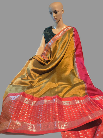 Brown and Dark Pink Handloom Mangalagiri Silk Saree with Long Silver Zari Temple Border | Elegant Soft Silk Saree – Fast Shipping from the USA
