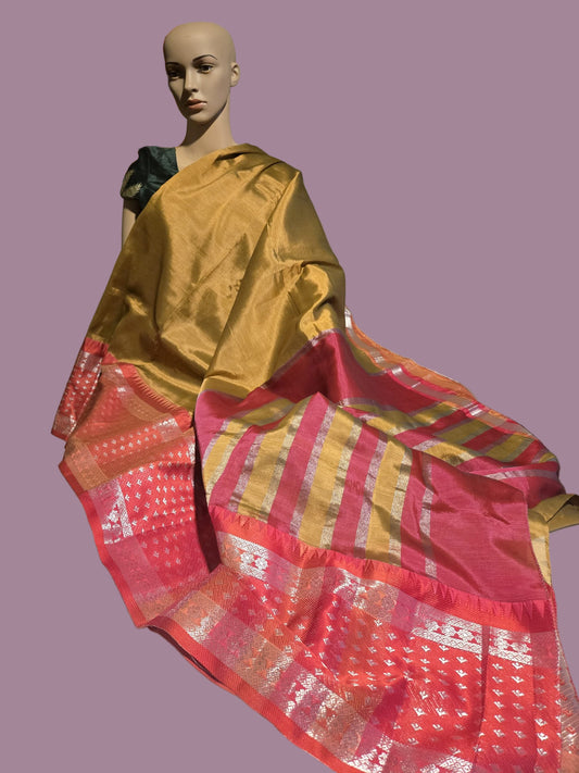 Yellow and Dark Pink Handloom Mangalagiri Silk Saree with Long Silver Zari Temple Border | Elegant Soft Silk Saree – Fast Shipping from the USA
