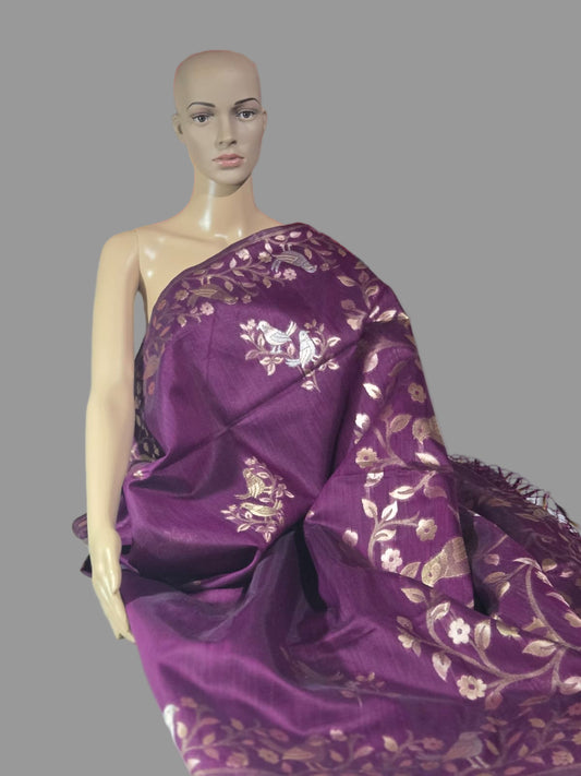 Handloom Khadi Cotton Silk Jamdani Saree – Lightweight & Elegant Traditional Weave Embroidery-wine